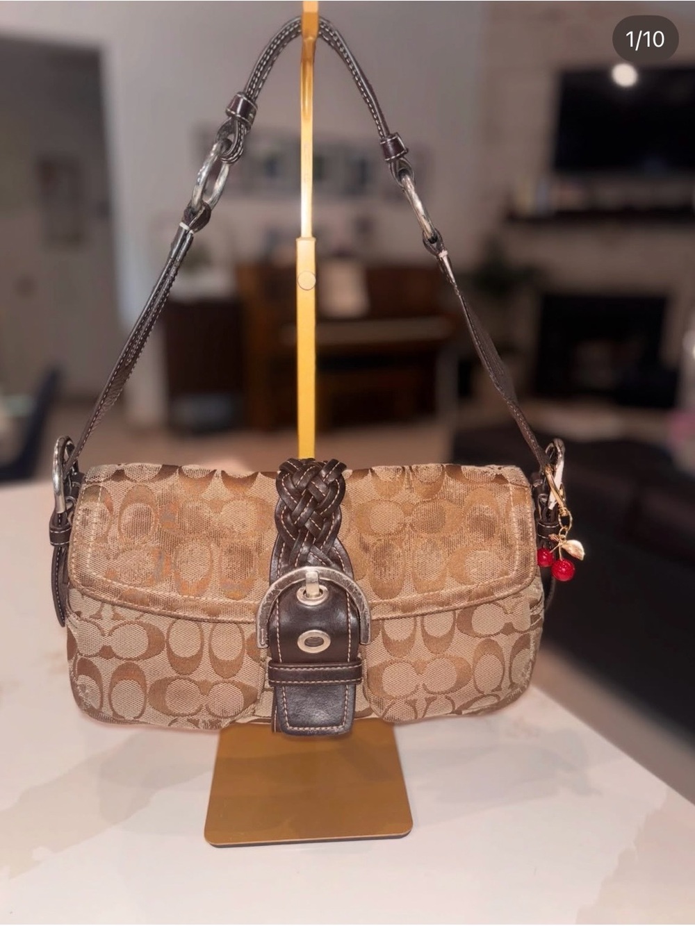 Coach Brown Signature Canvas Shoulder Bag with Dark Brown Leather Trim